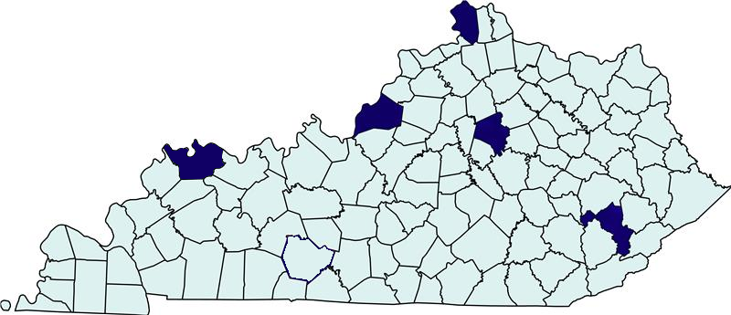 Map of Kentucky counties showing the workshop host regions